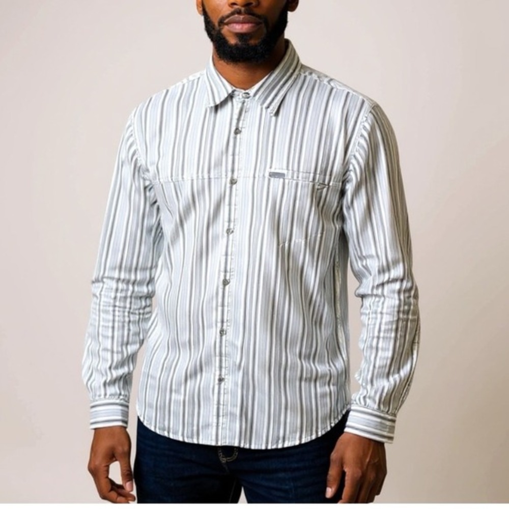 Columbia Brown White Striped Button Up Casual Cotton  Long Sleeve Shirt Mens 2XT